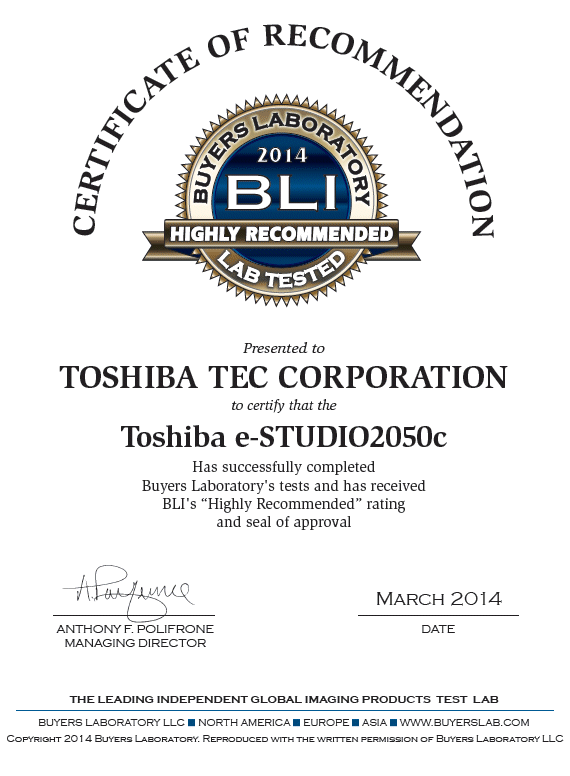 toshiba e-STUDIO2050C certificate